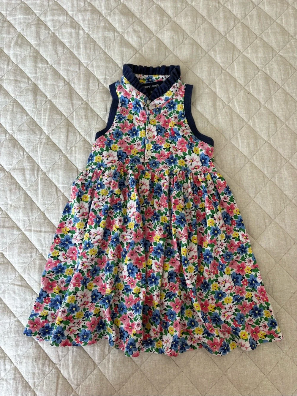 Ralph Lauren Multicolor Floral Sleeveless Dress with Navy Trim